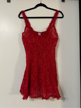 Vintage Red Sheer Full Lace Slip Dress Babydoll Chemise Mini Dress